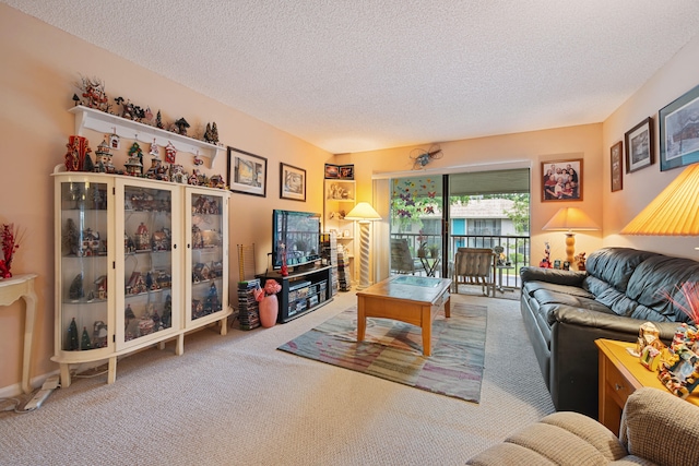 living room with a textured ceiling and carpet flooring