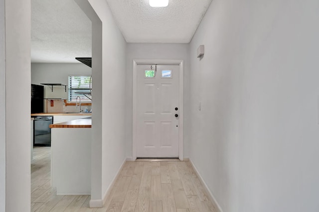 entryway with light hardwood / wood-style flooring, a textured ceiling, and sink