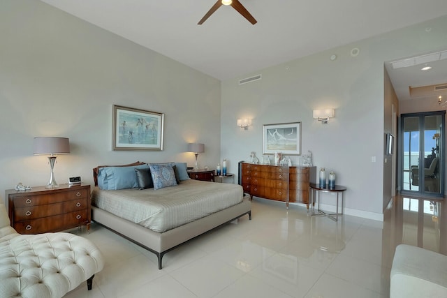 bedroom featuring ceiling fan and light tile patterned floors