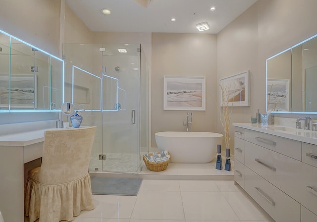 bathroom featuring separate shower and tub, tile patterned flooring, and vanity