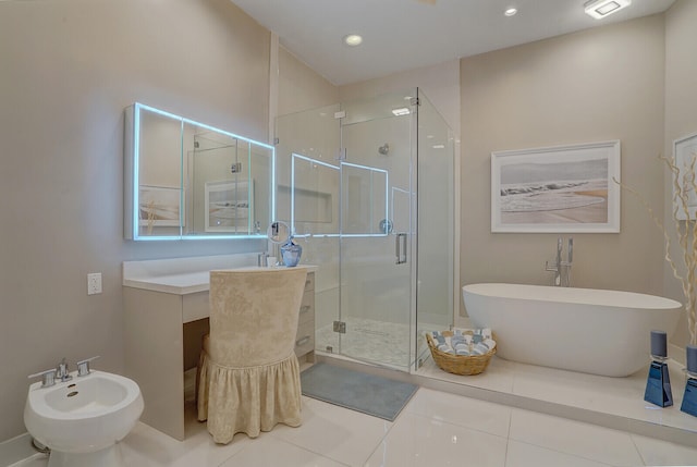 bathroom with tile patterned flooring, separate shower and tub, and a bidet