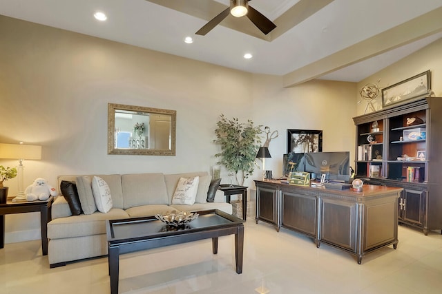 office space featuring ceiling fan and light tile patterned floors