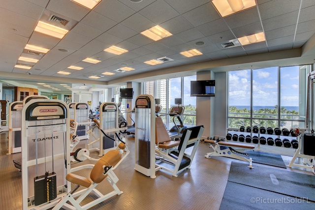 gym with a paneled ceiling and plenty of natural light