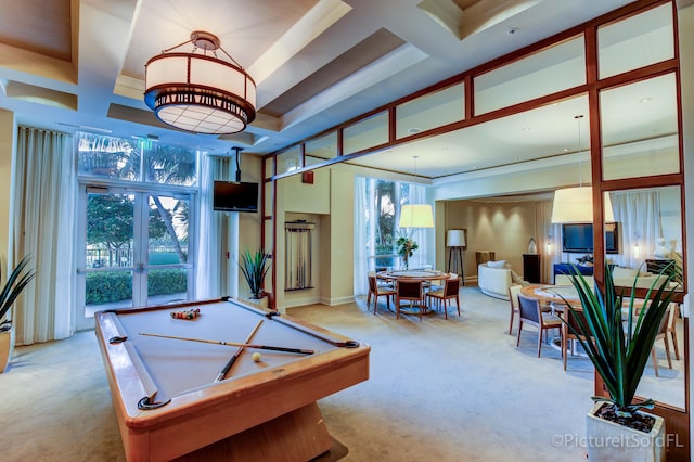 game room featuring light carpet, ornamental molding, coffered ceiling, and billiards