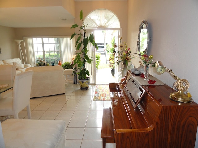 living room featuring light tile patterned flooring