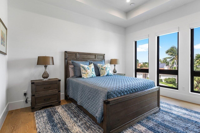 bedroom featuring hardwood / wood-style floors and a tray ceiling