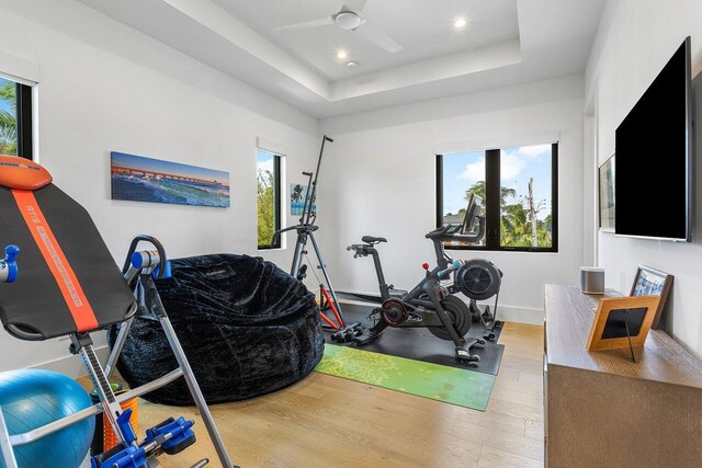 exercise room featuring ceiling fan, wood-type flooring, and a raised ceiling