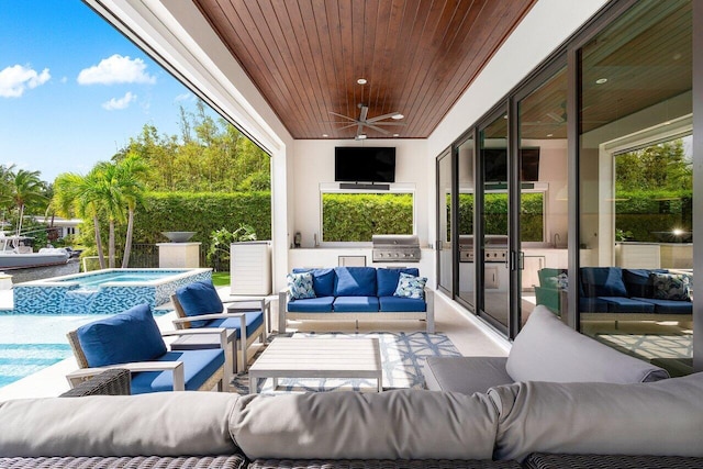 view of patio featuring an outdoor hangout area, grilling area, a pool with hot tub, and ceiling fan