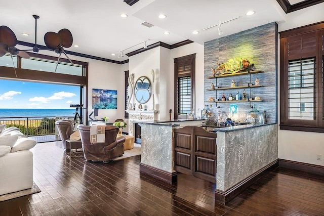 bar featuring ceiling fan, dark hardwood / wood-style flooring, a water view, and plenty of natural light