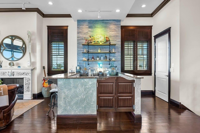 bar with a tiled fireplace, rail lighting, and dark hardwood / wood-style floors