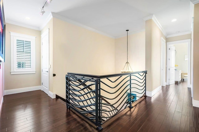 hall with dark hardwood / wood-style flooring and crown molding