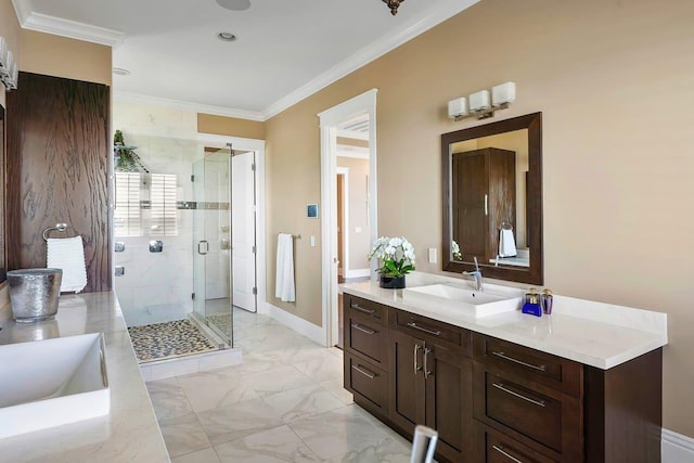 bathroom with vanity, a shower with door, and crown molding