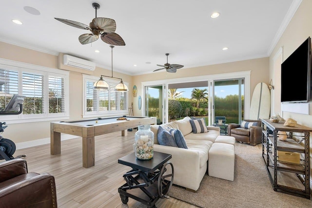 recreation room with light hardwood / wood-style flooring, an AC wall unit, crown molding, and billiards