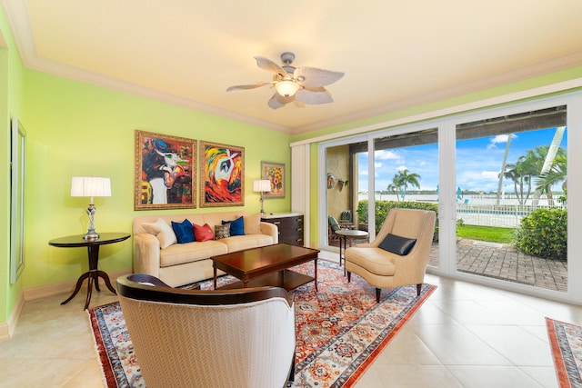 living room featuring crown molding, light tile patterned floors, and ceiling fan