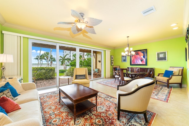 tiled living room with crown molding and ceiling fan with notable chandelier