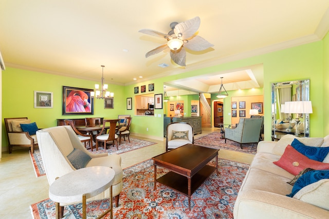 tiled living room with crown molding and ceiling fan with notable chandelier