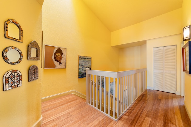 hallway featuring lofted ceiling and hardwood / wood-style flooring