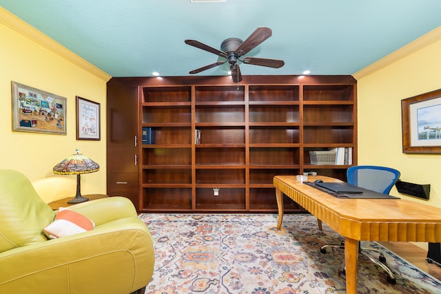 office featuring ornamental molding, a textured ceiling, and ceiling fan