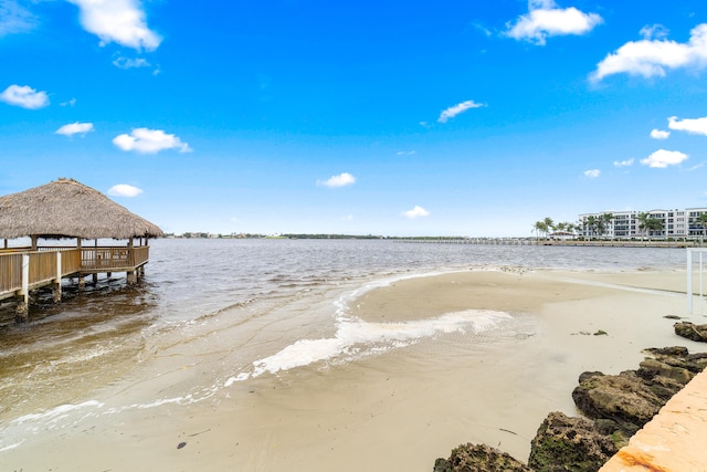 view of water feature with a gazebo and a view of the beach