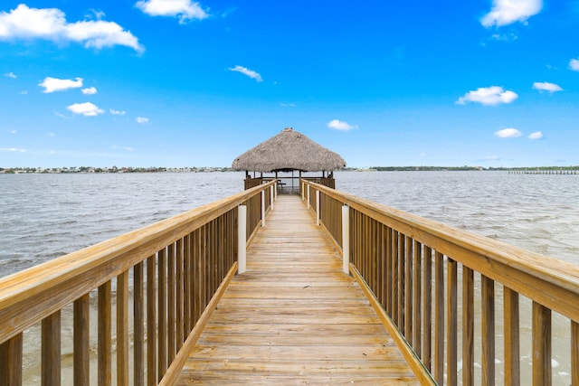 dock area featuring a water view and a gazebo