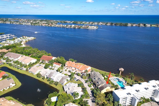 bird's eye view with a water view