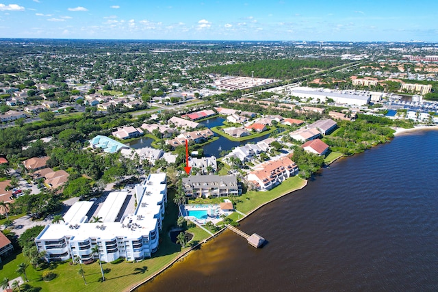 bird's eye view with a water view