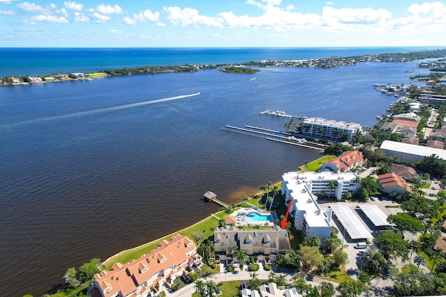 bird's eye view with a water view