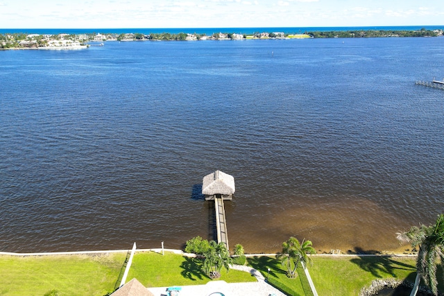 drone / aerial view with a water view