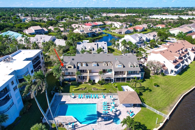 bird's eye view with a water view