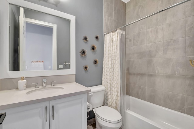 full bathroom with vanity, toilet, and shower / bathtub combination with curtain