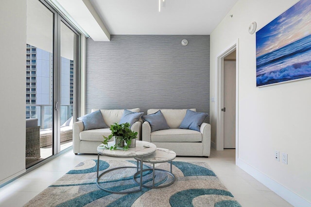 living room featuring light tile patterned floors