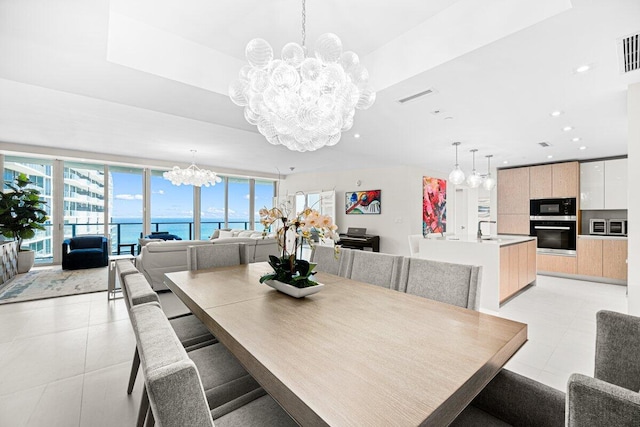 dining area with a water view