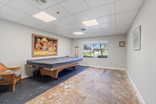 game room featuring a paneled ceiling and billiards