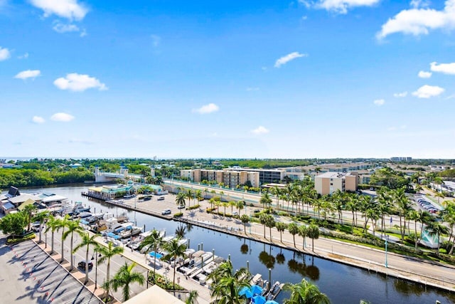 bird's eye view with a water view