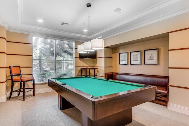 playroom with pool table, crown molding, light colored carpet, and a raised ceiling