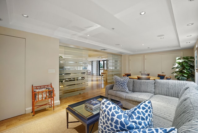 living room with a raised ceiling and light wood-type flooring