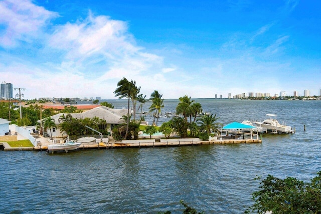 property view of water featuring a boat dock