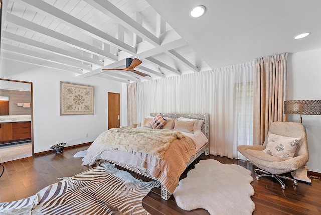 bedroom featuring recessed lighting, hardwood / wood-style floors, connected bathroom, beamed ceiling, and baseboards