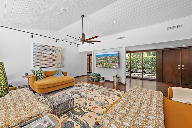 living room featuring dark wood-type flooring, wood ceiling, high vaulted ceiling, and ceiling fan