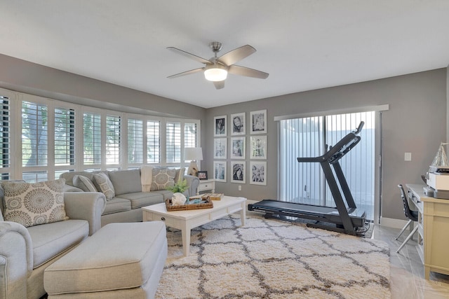 living room featuring ceiling fan