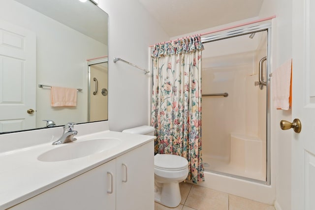 bathroom with a textured ceiling, a shower with shower curtain, toilet, tile patterned floors, and vanity