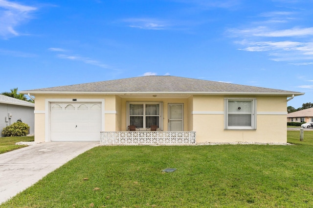 single story home featuring a front lawn and a garage