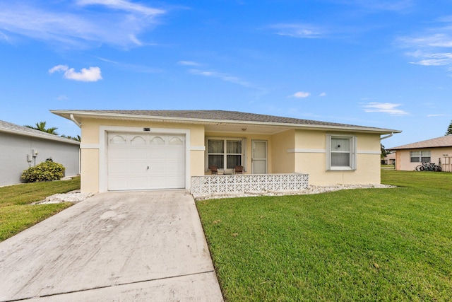 single story home featuring a front yard and a garage