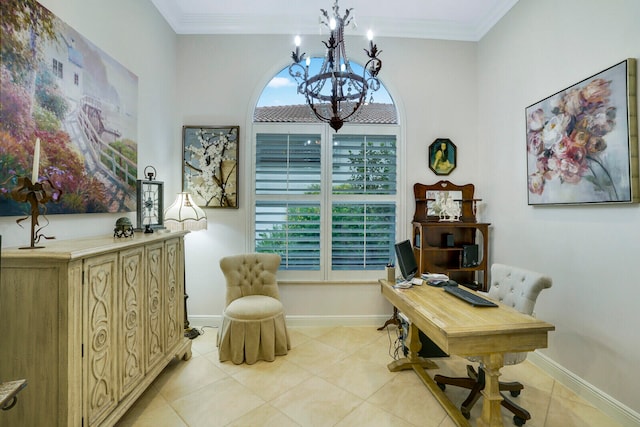 home office featuring an inviting chandelier, ornamental molding, and light tile patterned floors