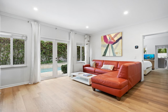 living room featuring light hardwood / wood-style floors, plenty of natural light, and crown molding