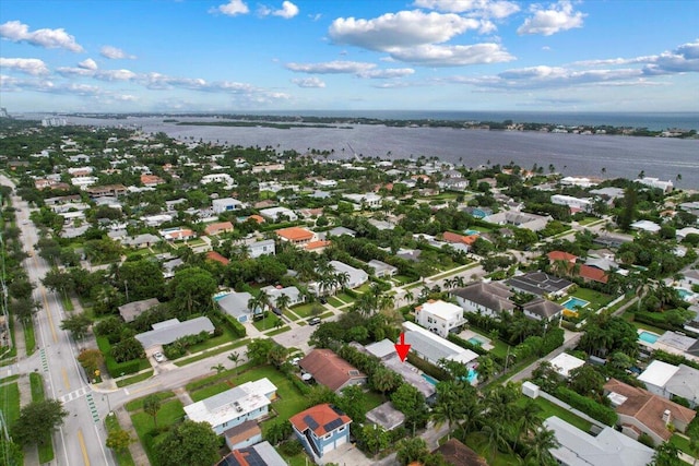 drone / aerial view featuring a water view