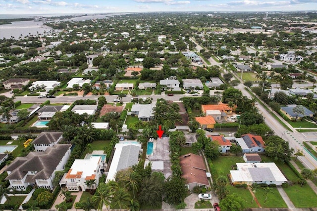 drone / aerial view with a water view