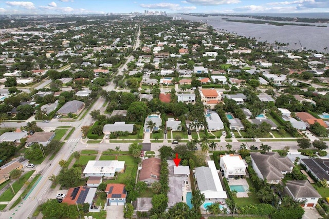 bird's eye view with a water view