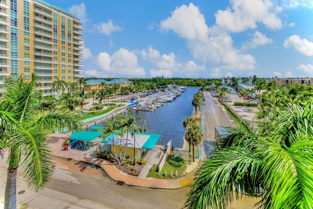 aerial view featuring a water view