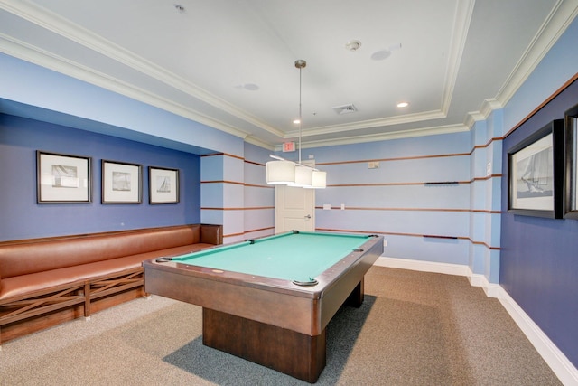 recreation room with crown molding, a tray ceiling, pool table, and light colored carpet